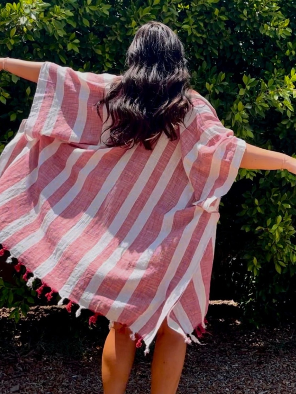Aerie - Tassel Coverup Lightweight Kimono Red White Cotton Striped - One Size